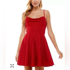 City Studio Juniors' Cowlneck Fit & Flare Dress red glitter size 7